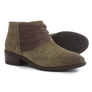 Comfortiva Corliss Olive Green Suede Leather Booties Brown leather detail